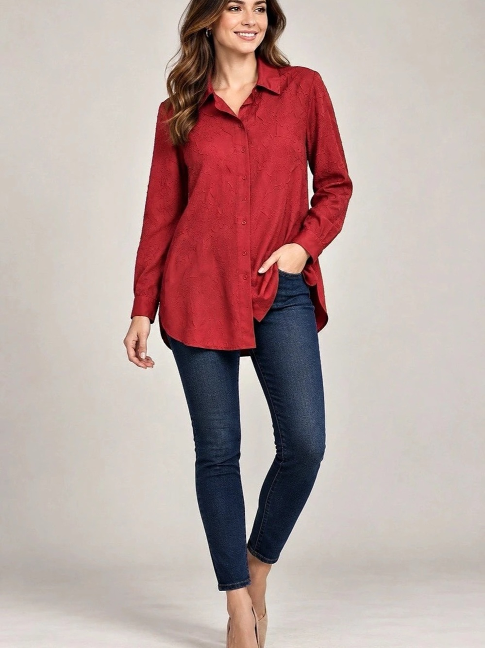 Chico'Small Textured Button Down Shirt in Red Size Small Like New